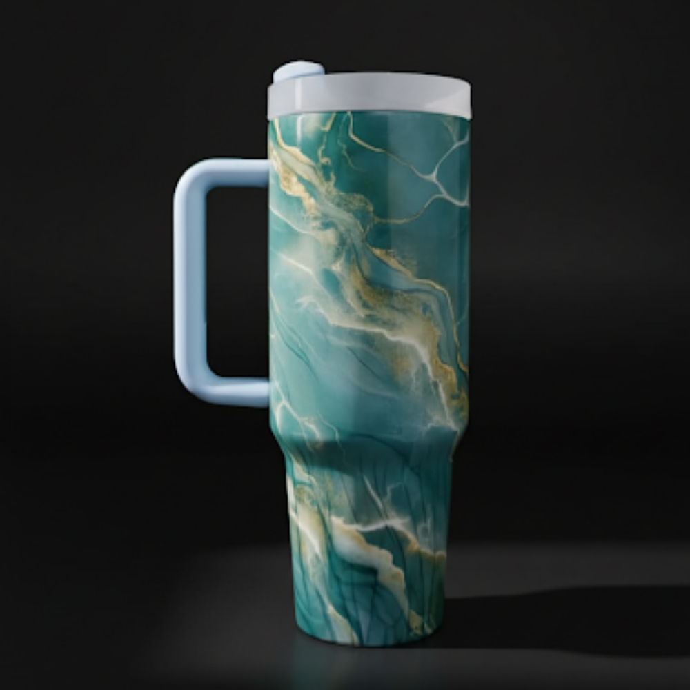 Marble Design Tumblers with straw and handle, Stainless Steel, Insulated - 1200ml
