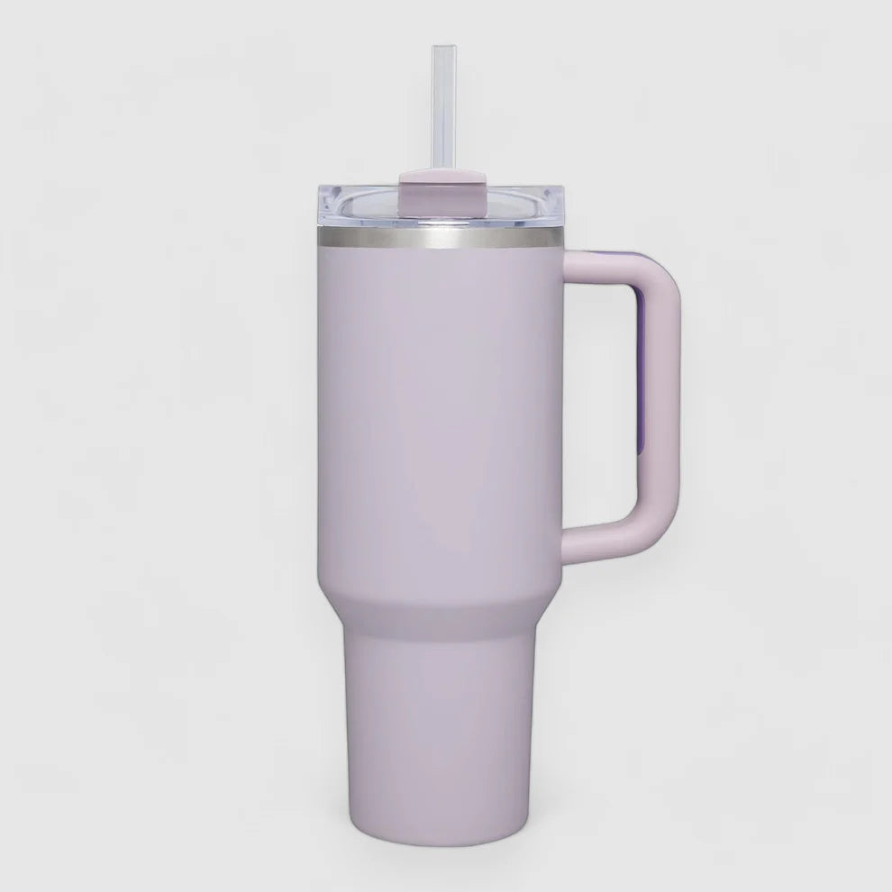 Purple tumbler with handle and straw