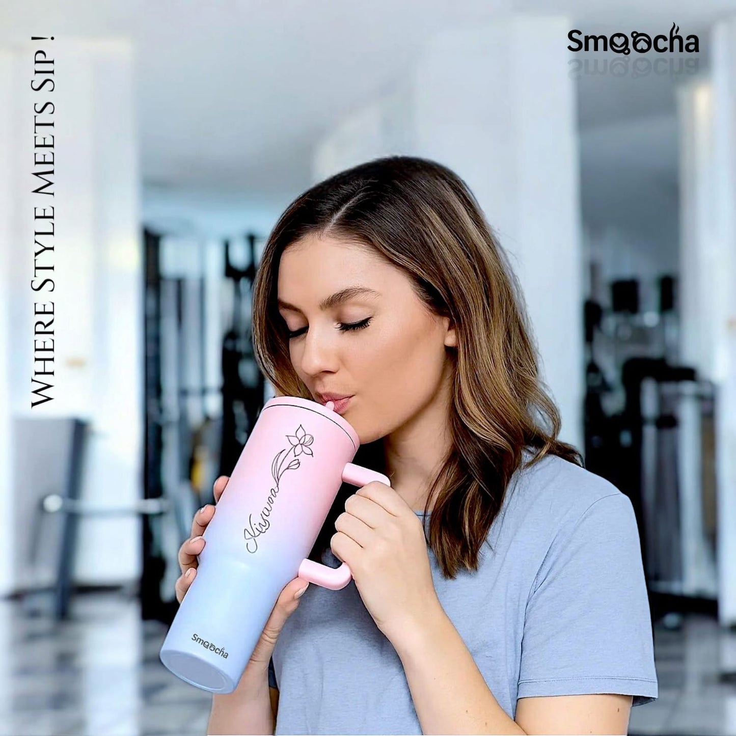 Pink and Blue tumblers with name and flower - 1200ml With Straw and Lid, Stainless Steel, Insulated (Ombre color tumbler)