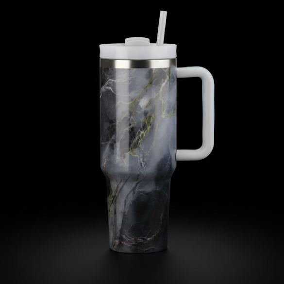 Marble Design Tumblers with straw and handle, Stainless Steel, Insulated - 1200ml