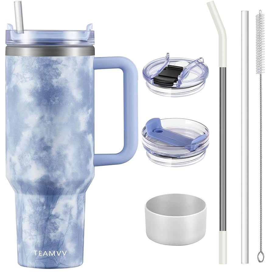 Marble Design Tumblers with straw and handle, Stainless Steel, Insulated - 1200ml
