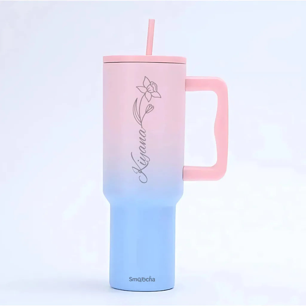 pink and blue tumbler with name
