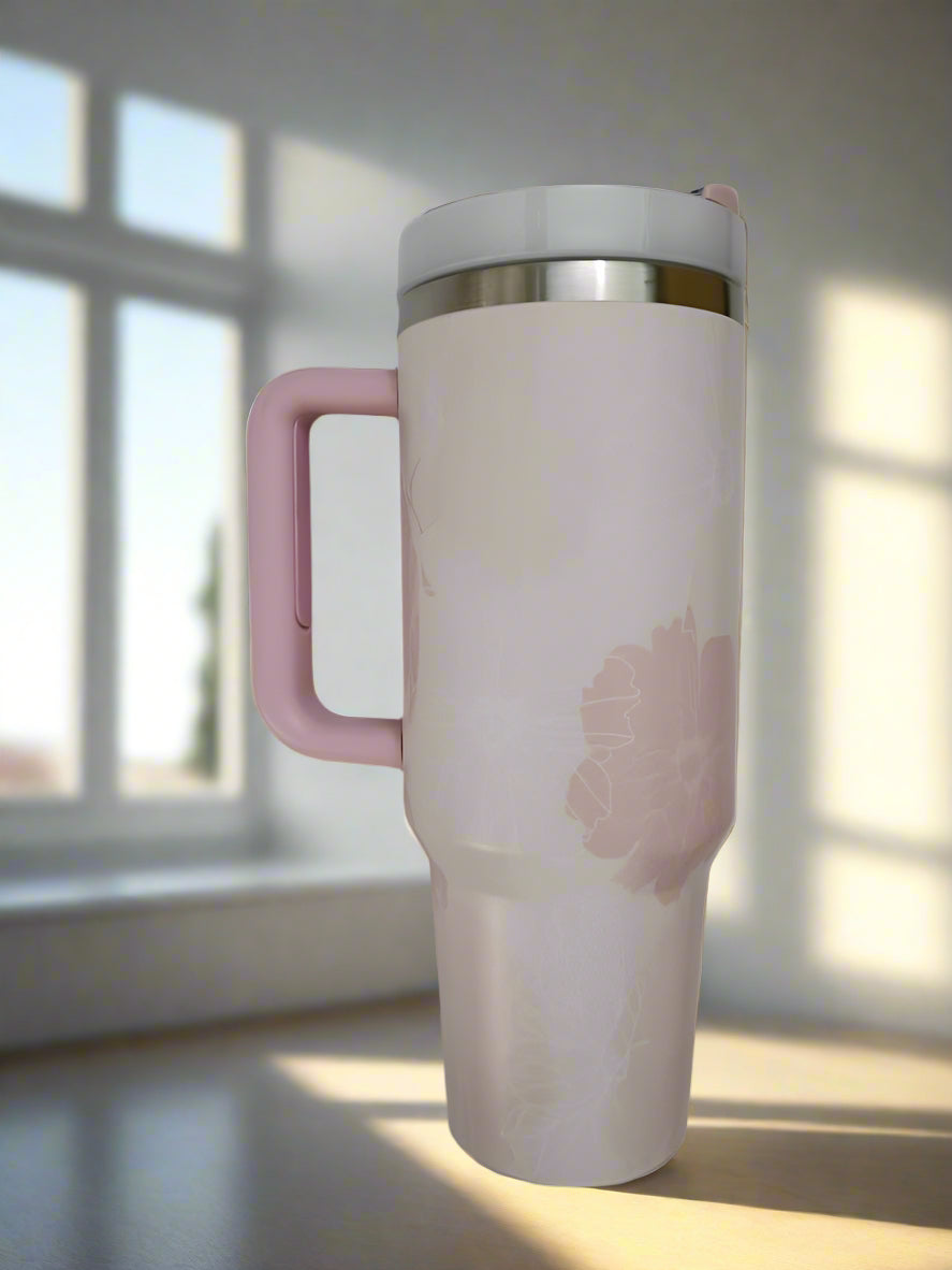 Marble Design Tumblers with straw and handle, Stainless Steel, Insulated - 1200ml