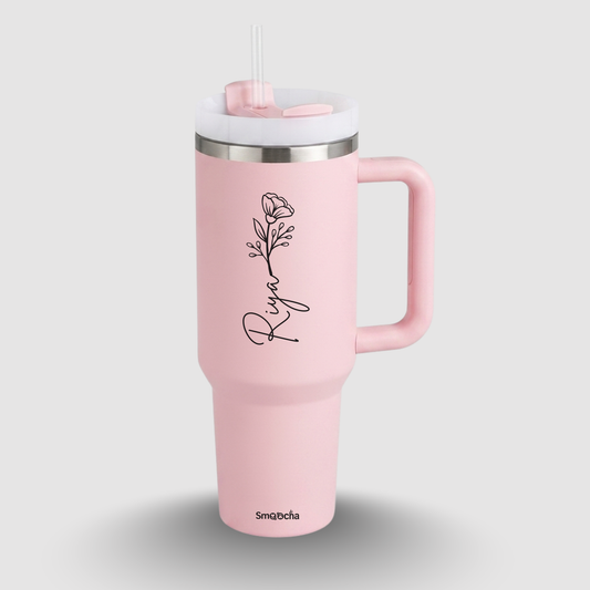 Personalized Birth Flower Tumbler with Straw, Lid, and Handle