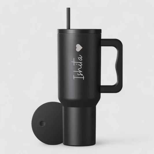 black tumbler with straw