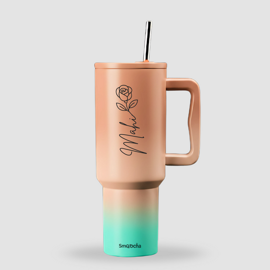 Pink and Blue tumblers with name and flower - 1200ml With Straw and Lid, Stainless Steel, Insulated (Ombre color tumbler)