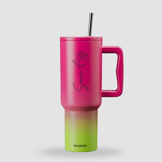 Pink and Blue tumblers with name and flower - 1200ml With Straw and Lid, Stainless Steel, Insulated (Ombre color tumbler)