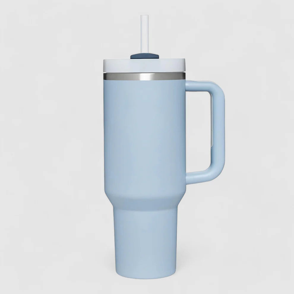 Light blue tumbler with handle and straw